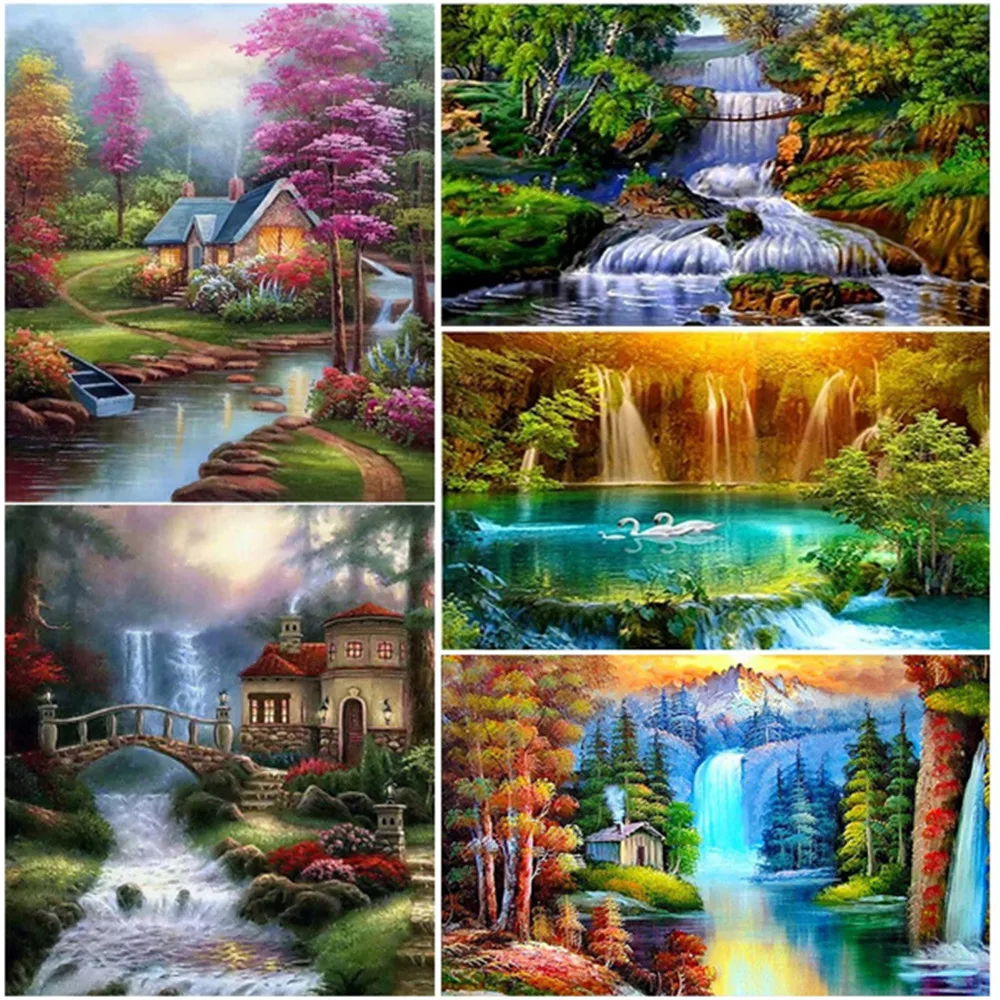 

FIYO DIY 5D Diamond Painting Waterfall Diamond Embroidery Full Round Mosaic Rhinestones Landscape Cross Stitch Home Decor Gift