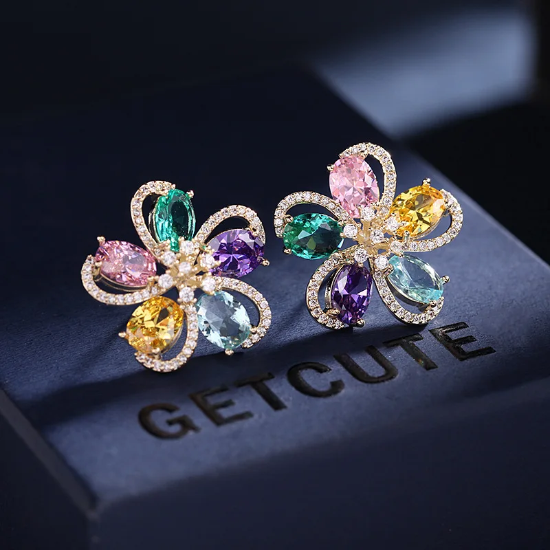 

Elegant Sparkling Blue Colorful Pink Cubic Zirconia Flower Earrings For Women Gifts Jewelry Fashion Stud Earring Woman Earing