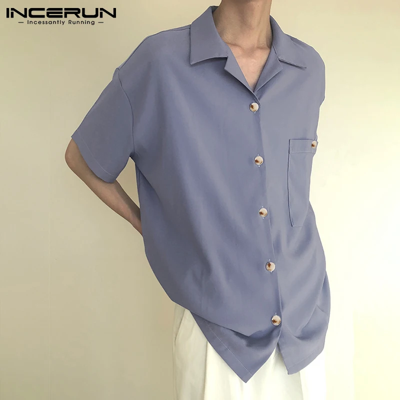 

Summer Solid Color Men Shirt INCERUN Short Sleeve Turn Down Collar Blouse Man Loose Button Camisa Leisure Pocket Tops Masculina