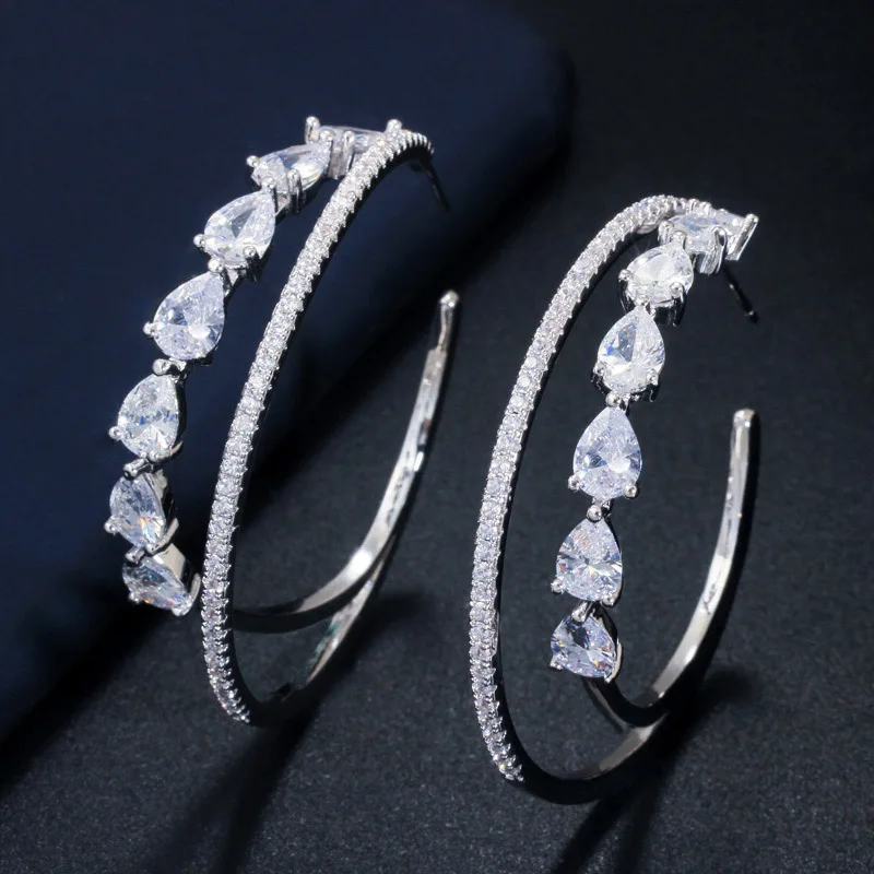 silver White CWWZircons блестящие роскошные белые золотые цвета CZ цирконий Кристалл Большой двойной круг серьги-кольца для женщин модные ювелирные изделия CZ600 - Окраска металла: silver White