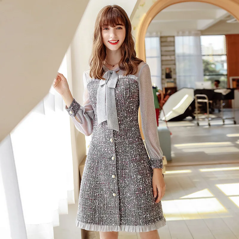 Подиумная Мода, весеннее платье, женская одежда, элегантное платье с бантом и воротником, длинный рукав, тюль, пэтчворк, твидовое шерстяное платье Vestidos