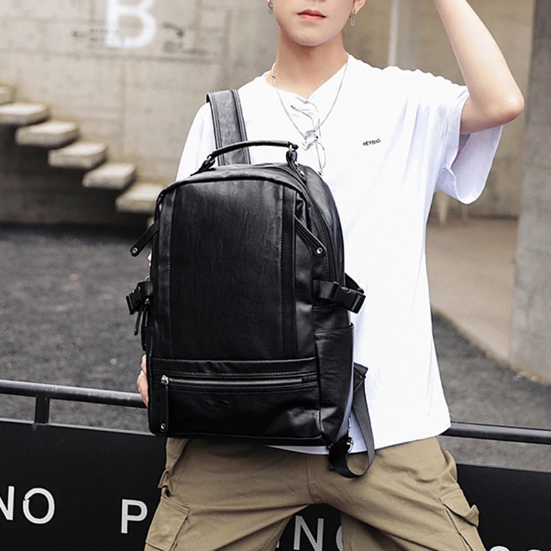 

VICUNA POLO Shiny Black Leather Backpack For Men High Quality Durable Travel Laptop Backpack Casual Daypack Business Man Bag