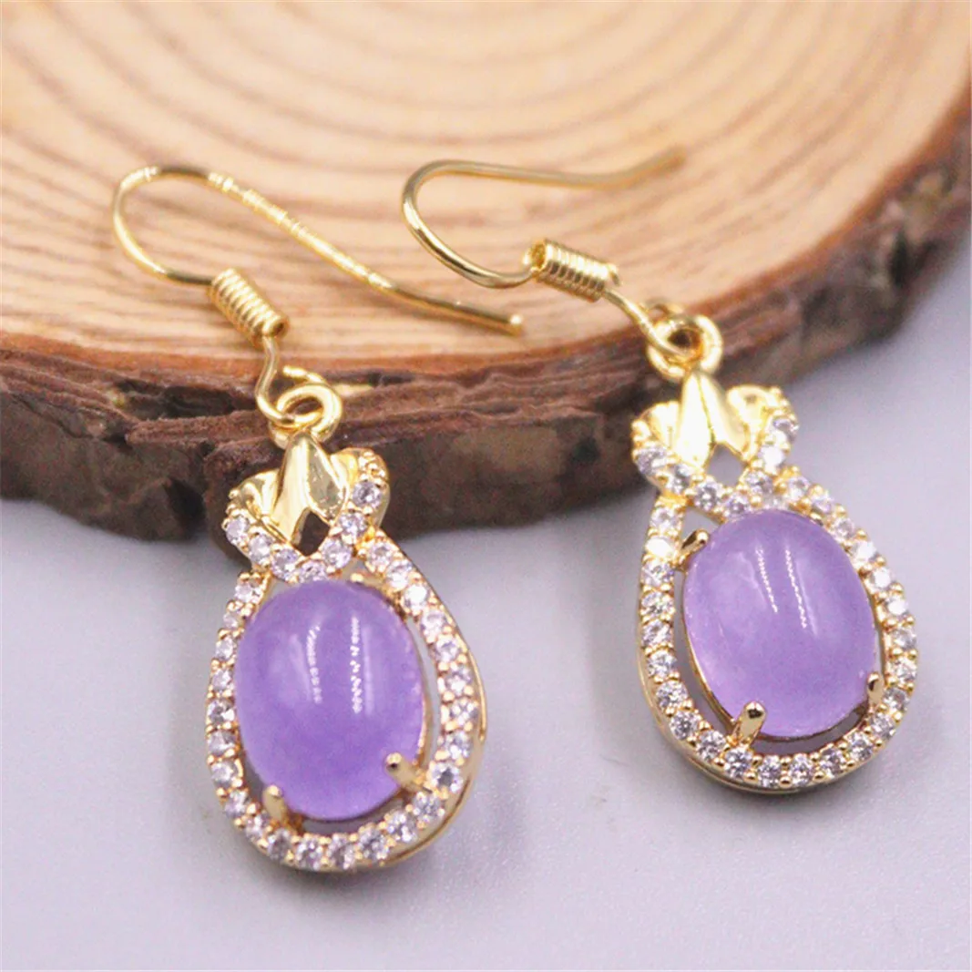 

Hot Sale 18k GP Alloy With Purple Jadeite Women Ellipse Dangle Earrings Beautiful Gift