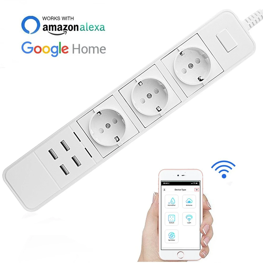 

2019 Newest Wifi Smart Plug Work with Alexa Google Assistant Power Strip Charger 10A With 4 Usb Charging Port