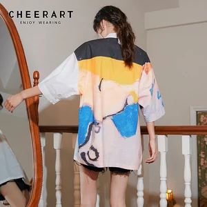 Длинная рубашка CHEERART с цветными блоками, Повседневная летняя рубашка с коротким рукавом и воротником на пуговицах, Женский Топ и блузка, белая рубашка 2020