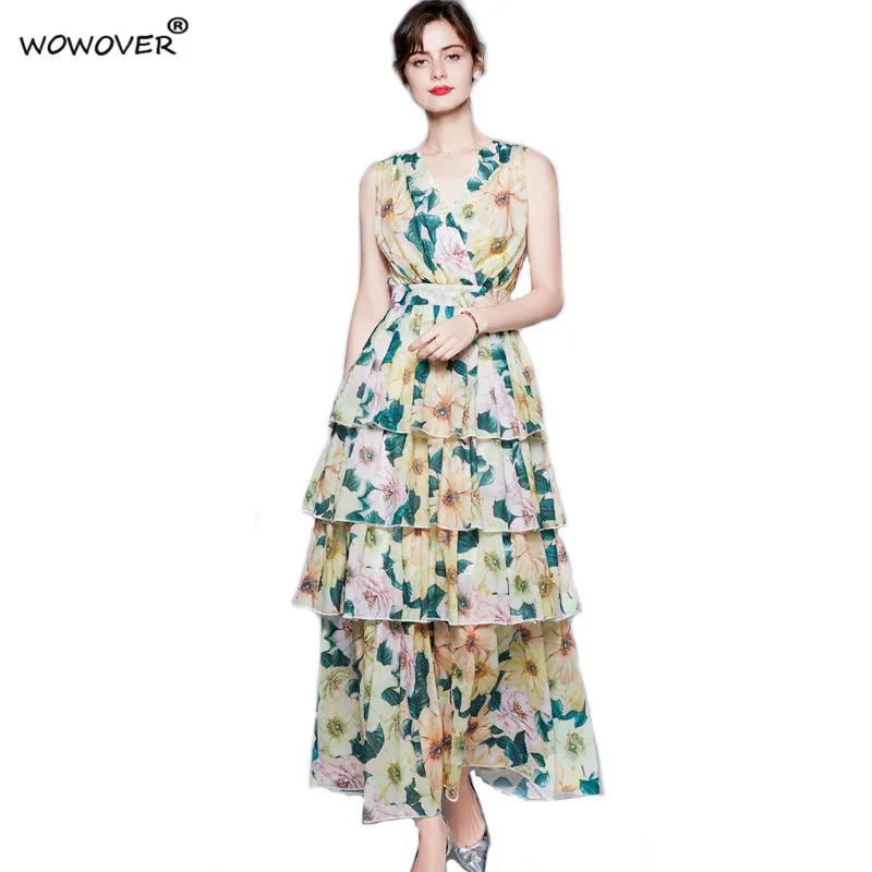 

Летние Стиль взлетно-посадочной Цветочный Принт без рукавов с каскадными оборками длинное богемное праздничное платье для женщин шифоново...