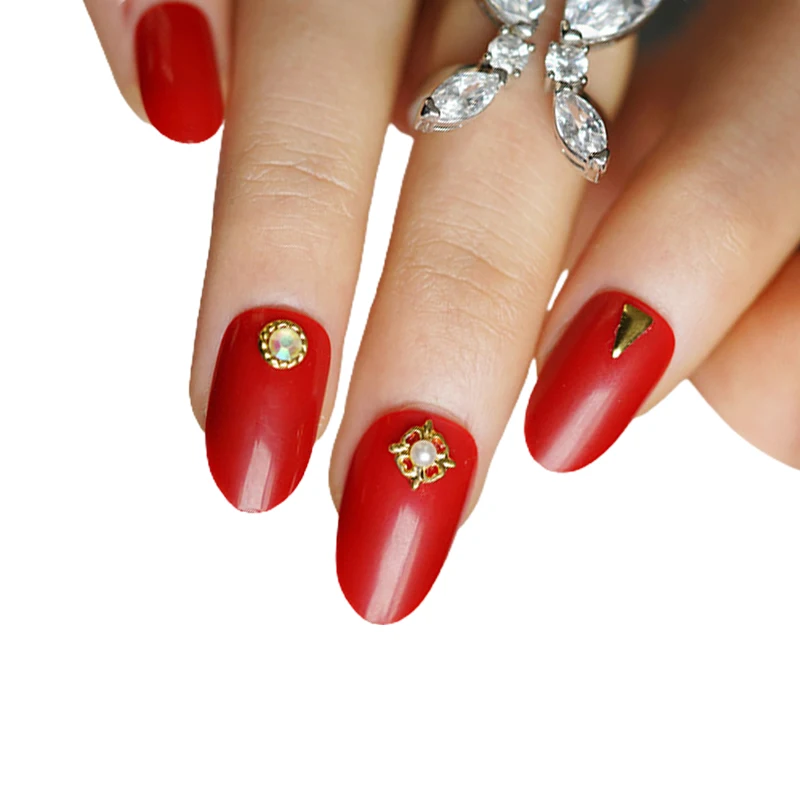 

24pcs Red Round Bead Flower Wear Short Paragraph Fashion Manicure Patch False Nails Save Time Wearable Nail Patch False Nails