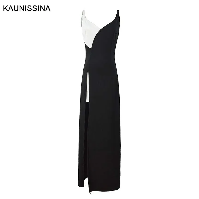 

KAUNISSINA Sexy Party Dress Women Long Cocktail Robe V-neck Black White Pathwork Strap Slit Clubewear Gown Homecoming Dresses