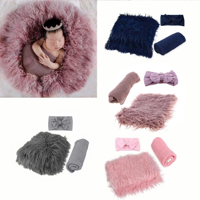 

3PCS Newborn Photography Props Toddler Photo Blankets Headband Long Ripple Wrap