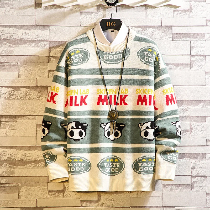 

M-5XL Men's Large Size Knitting Pullover O-neck Warm Spring Autumn Cow Pattern Srtetchy Creative Fashion Casual Male Sweater