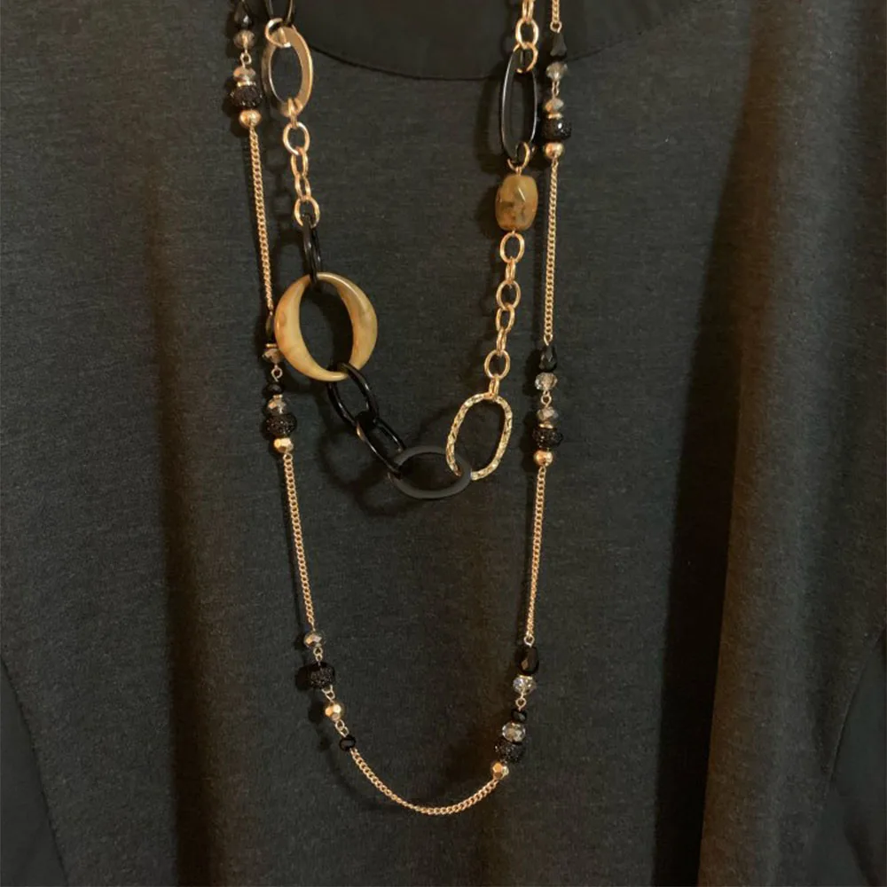 Длинное ожерелье с черными бусинами золотого цвета для женщин | Украшения и