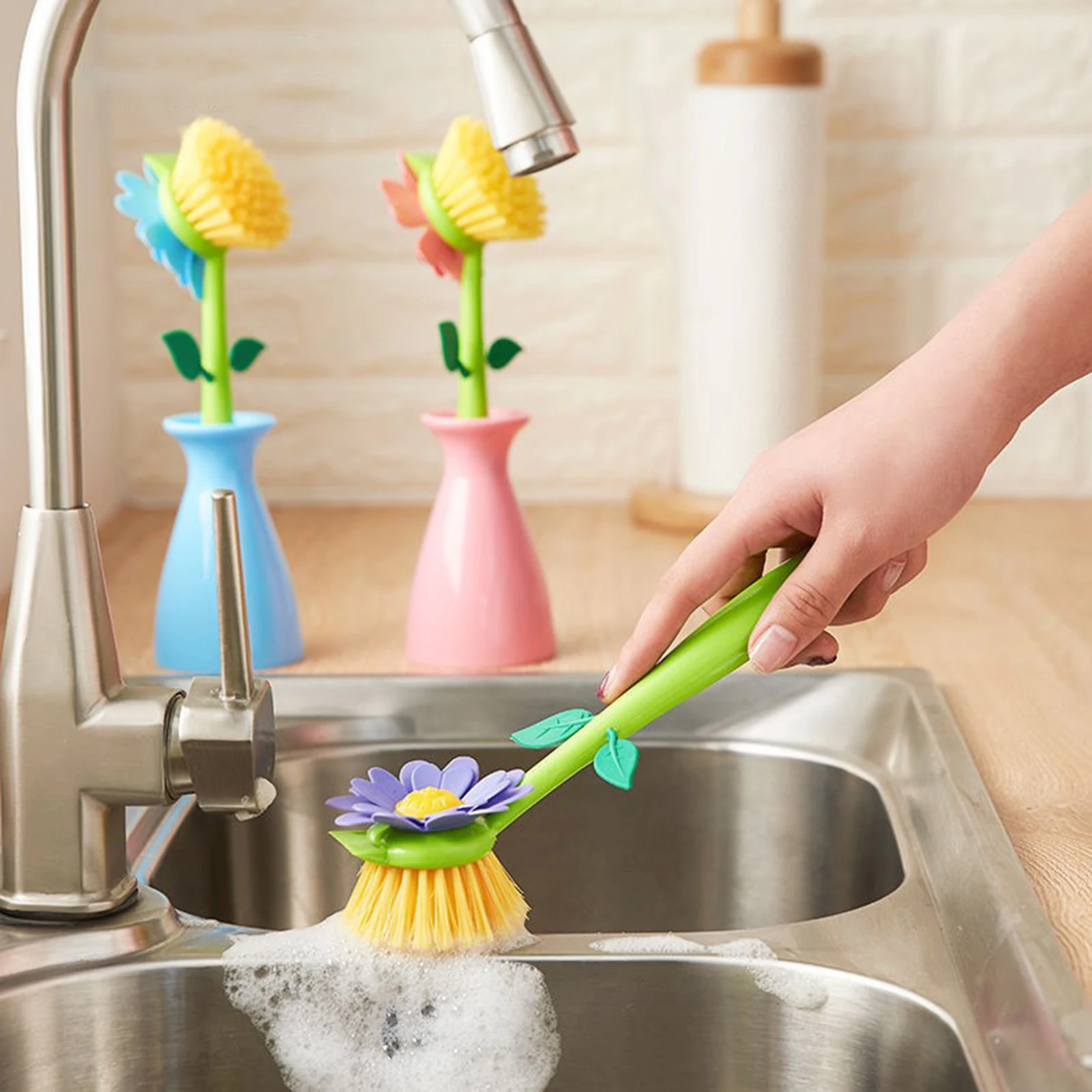 

1PC Kitchen Cleaning Brush Removable Handle Brush Bottle Bowl Dish Pot Cleaner Flower Shaped Bathroom Clean Silicone