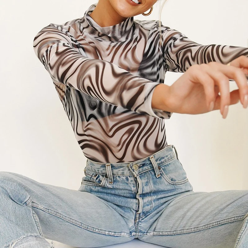 

Women See Through Mesh T-shirt Slim-fit Printed Long Sleeve Stand Collar Pullover Tops Sexy Female Ladies Summer Fashion New