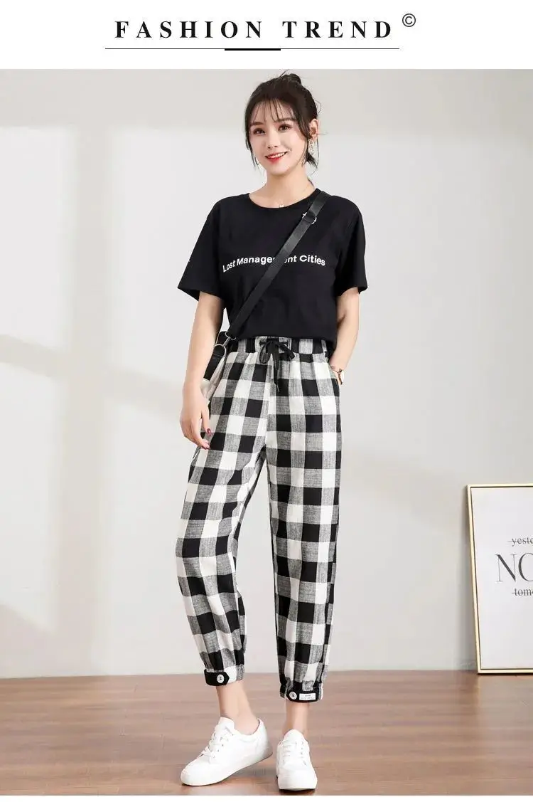 

Ninth Plaid Pants pocket Women's Summer New Student Korean Style Loose Thin Cropped High Waist Straight Casual Harem Pants Women