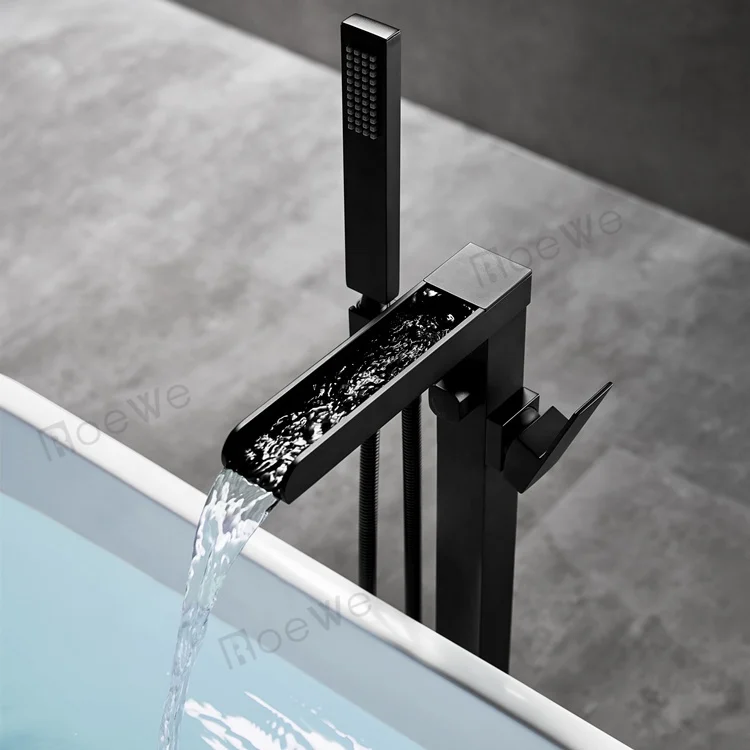 

CUPC approved bathroom stand alone shower mixer tap, modern design floor mounted brass body black freestanding bathtub faucet