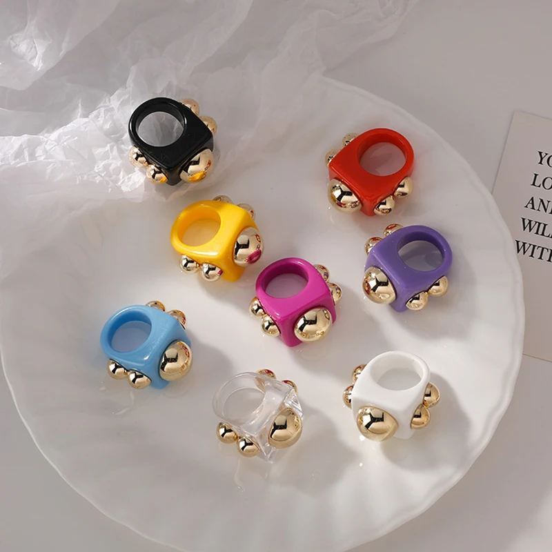

2021 Ins Trendy Creative Unique Candy Color Acrylic Metal Chunky Ring For Women Hipster Girl Jewelry Gift