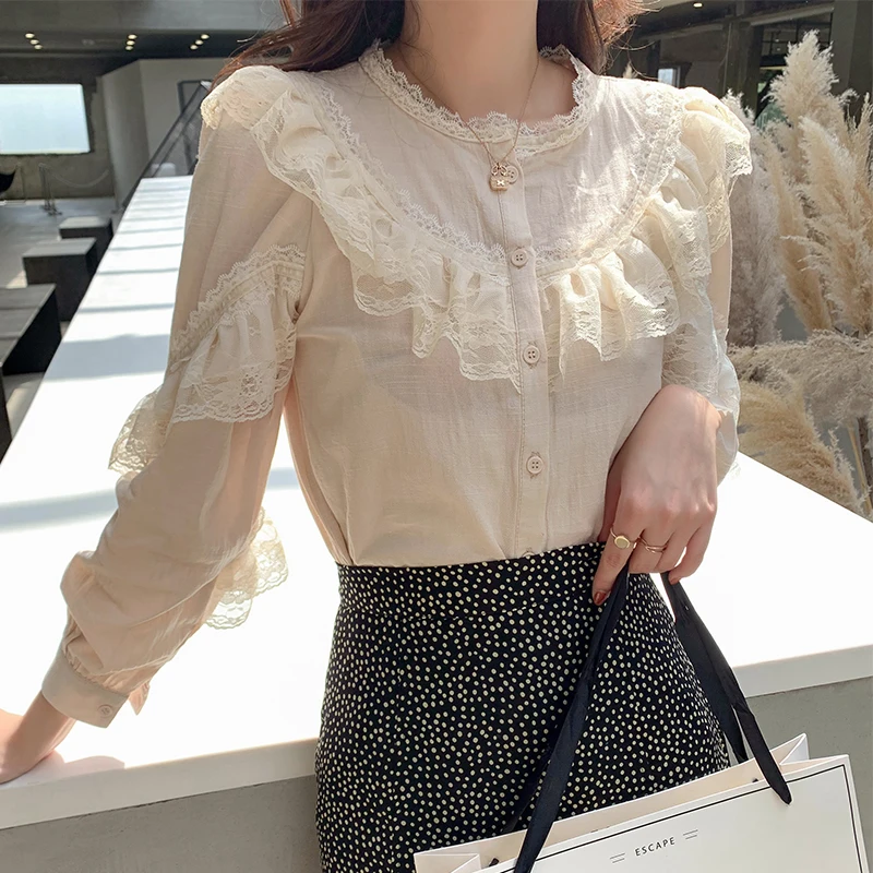 Blosue Для женщин Blusas Mujer De Moda 2021 хлопковая Льняная блуза с рюшами и кружевным