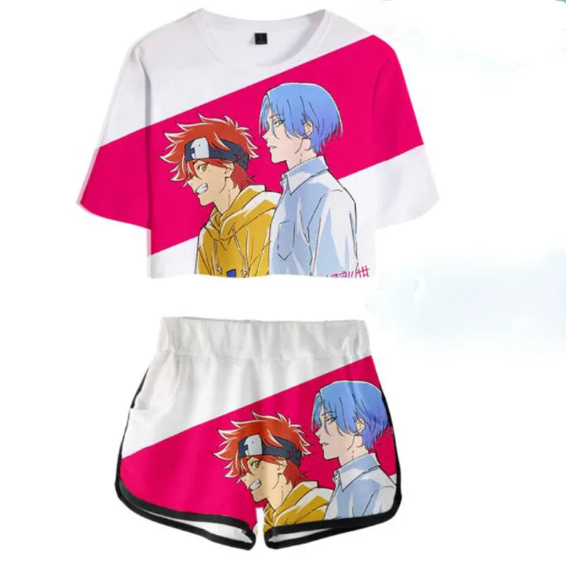 

Hot Anime the Infinity Top Short Sleeve Pants Cosplay Langa Hasegawa Sets Loose Casual Summer Open Navel T-shirts