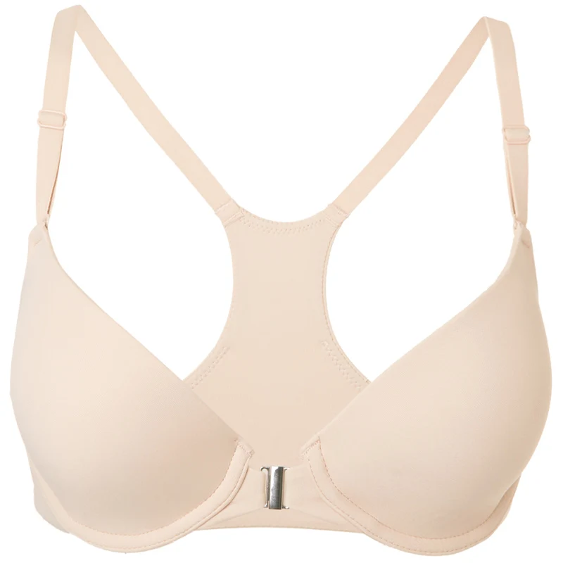 Beige02 Женский Гладкий пенопласт полный охват мягкий на косточках RACER BACK футболка застежка спереди бюстгальтер размера плюс - Цвет: Beige02