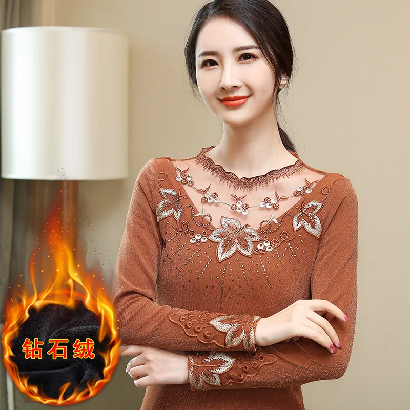 

Women's Autumn Winter Blouse Warm Fashion Office Shirt Embroidered Diamond Shirts Velvet Thick Elegant Blouses Blusas Stitch Top