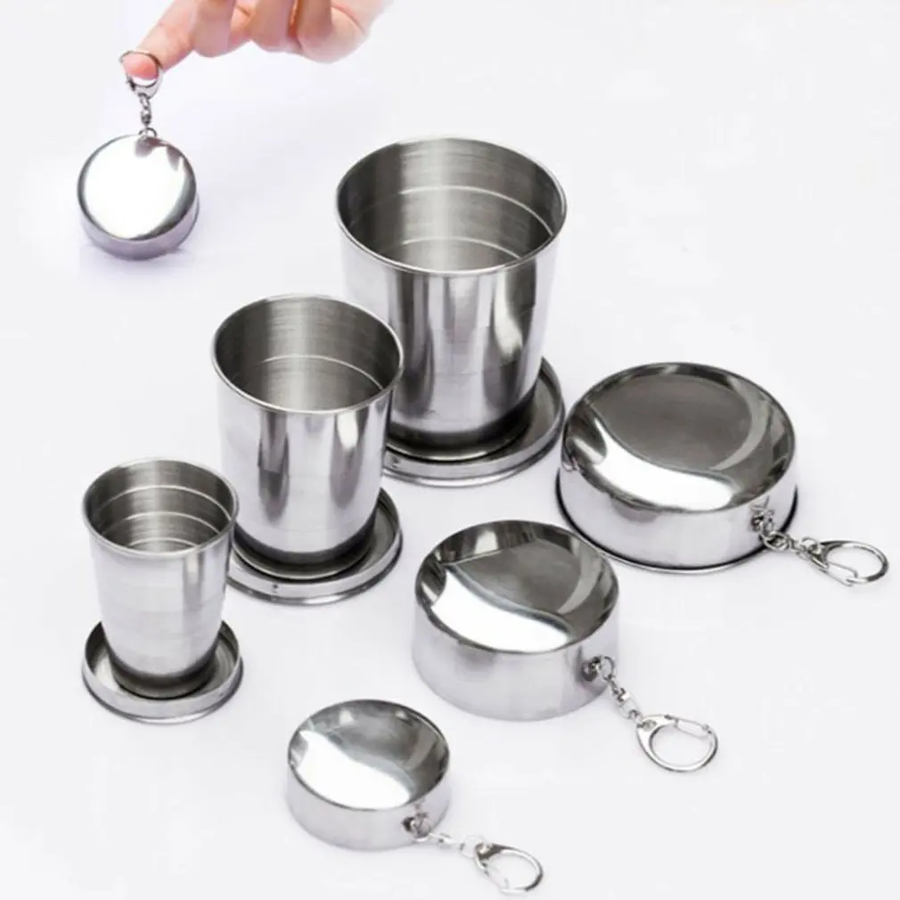 

Stainless Steel Folding Cup with Keychain Camping Folding Cup Traveling Outdoor Collapsible Cup with Lid Portable Drinkware