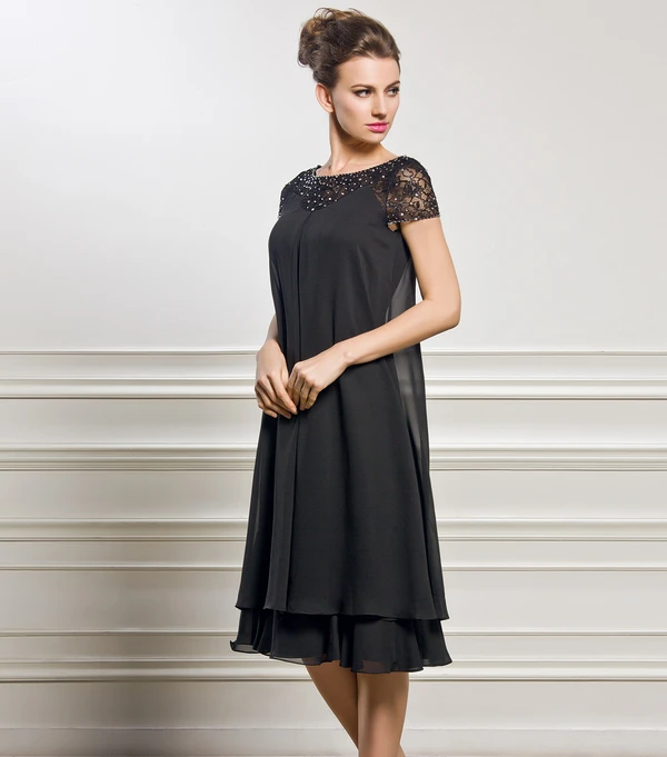 

Black Mother of the Bride Dresses Chiffon Ruffle Short Sleeves Lace DressWith Drill Mother Dress for Evening Wedding party 2021