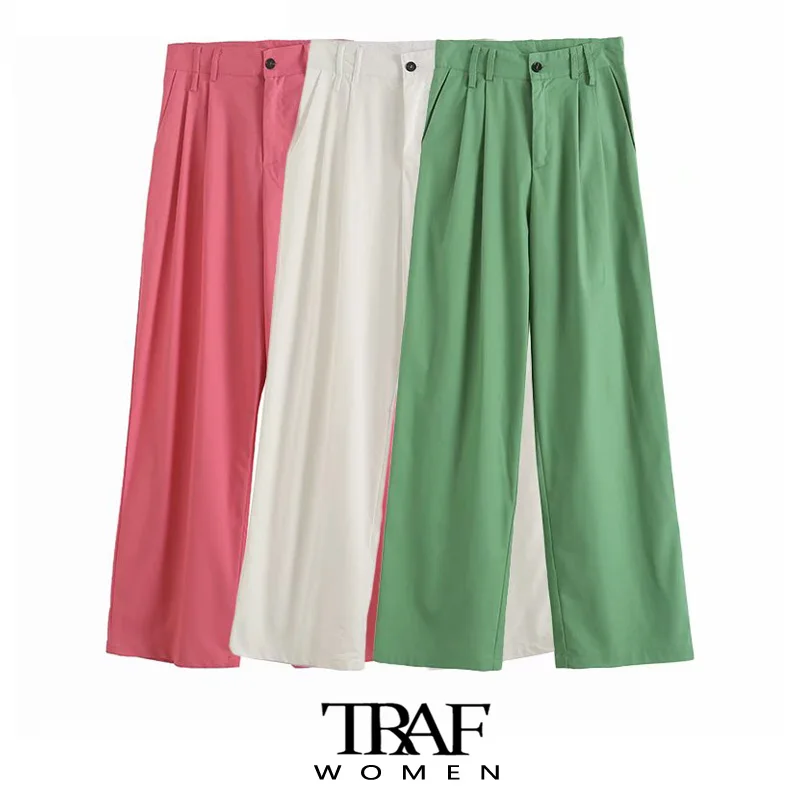 

Женские льняные брюки TRAF Za, с боковыми карманами, широкие, винтажные, с высокой талией, на молнии