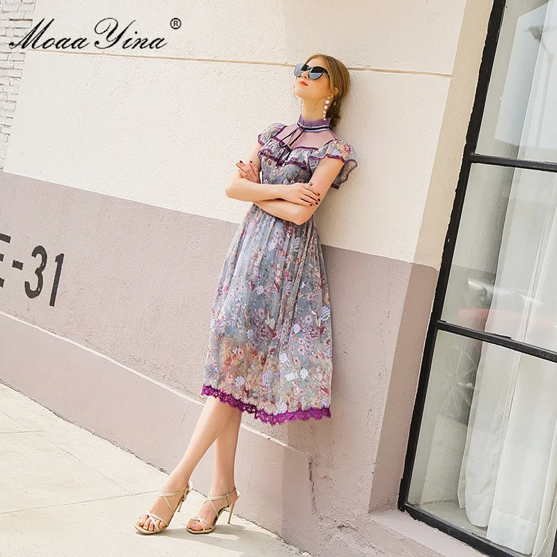 Модное дизайнерское платье MoaaYina летнее женское с воротником-стойкой оборками и