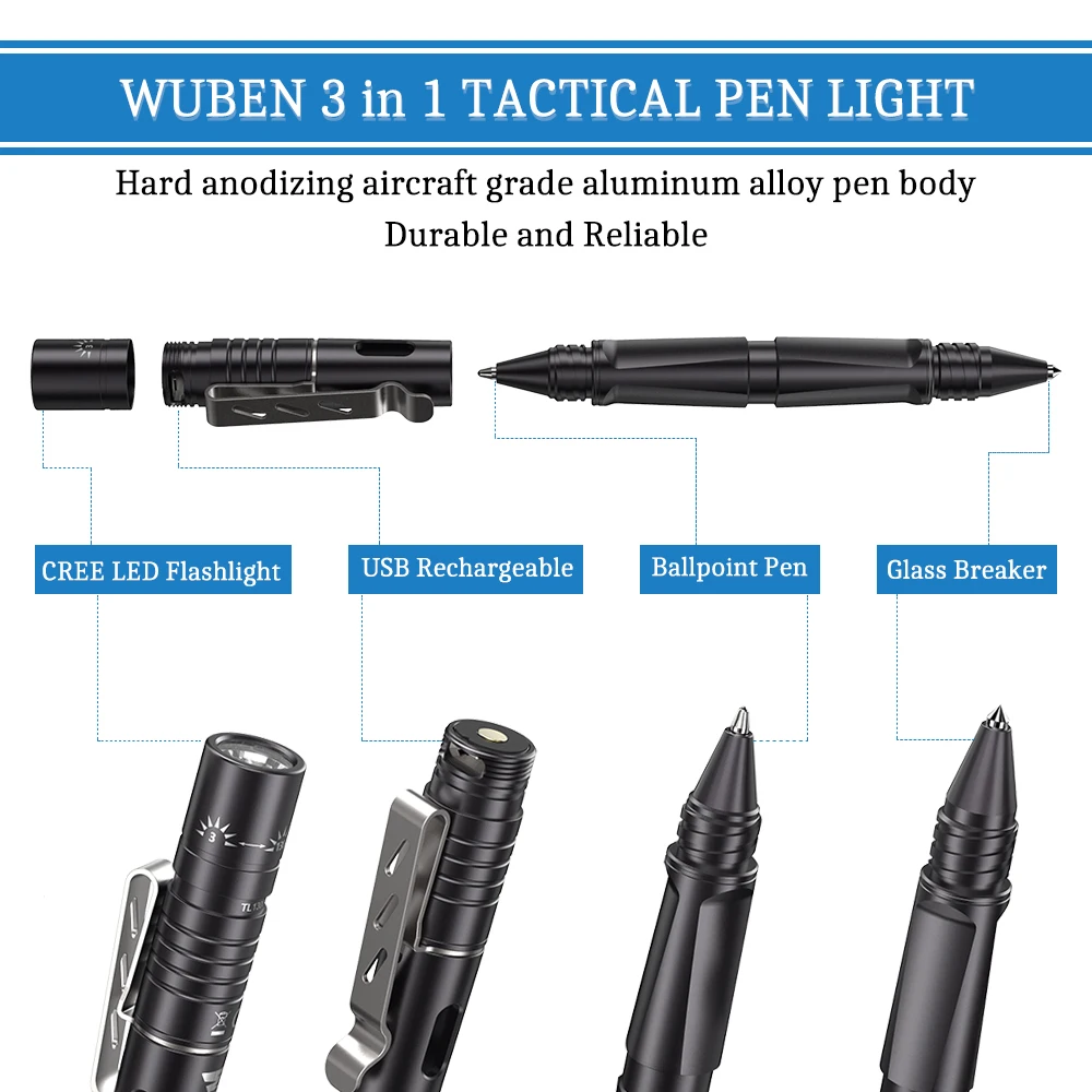 구매 WUBEN-TP10 전술 펜 라이트, 손전등, USB 충전식, LED 손전등, 유리 브레이커, 자기 방어용 볼펜 쓰기