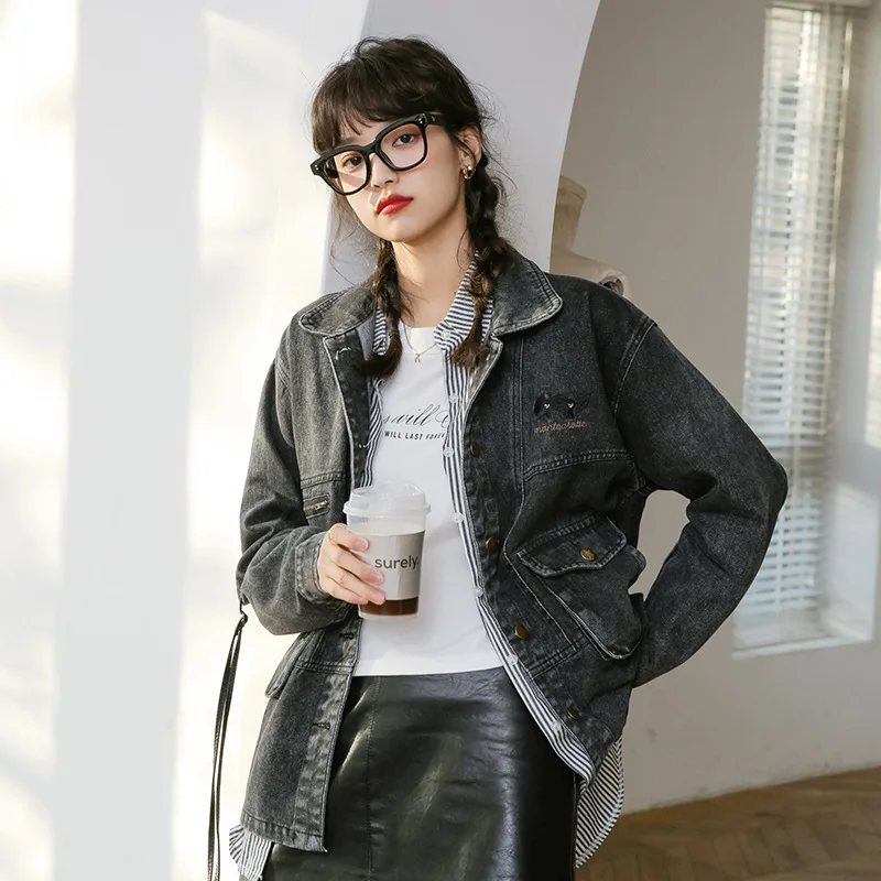 

Spring Autumn Plus Size Coats And Jackets Women 2021 Fashion Casual Cowboy Outerwear Female Loose Retro Dark Gray Denim Jacket