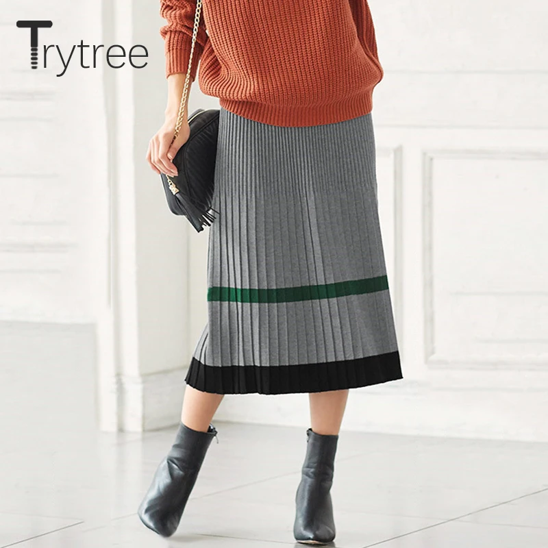 Trytree осень зима Женская Повседневная плиссированная трикотажная юбка эластичная