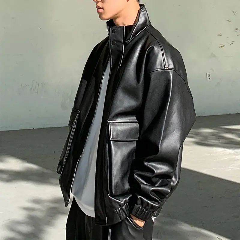 

Short leather jacket men's fashion casual black motorcycle jacket men's street wear loose jacket men