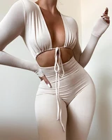 summer women plain tied cut out crop skinny jumpsuit 2021 femme long sleeve long bodysuit sexy lady outfits overalls traf