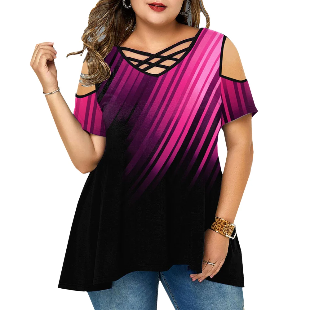 

Women Summer 2021 Plus Size Tshirt Elegant Street Short Sleeve Tops Tees Sexy Off Shoulder Print O-neck Loose Plus Size 5XL Tops