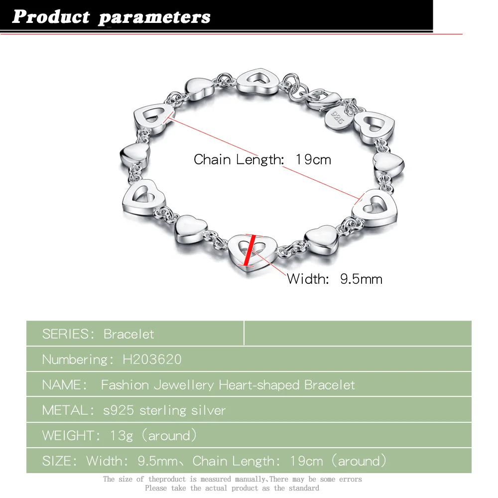 925 стерлингового серебра женские модные ювелирные изделия браслет в виде сердца