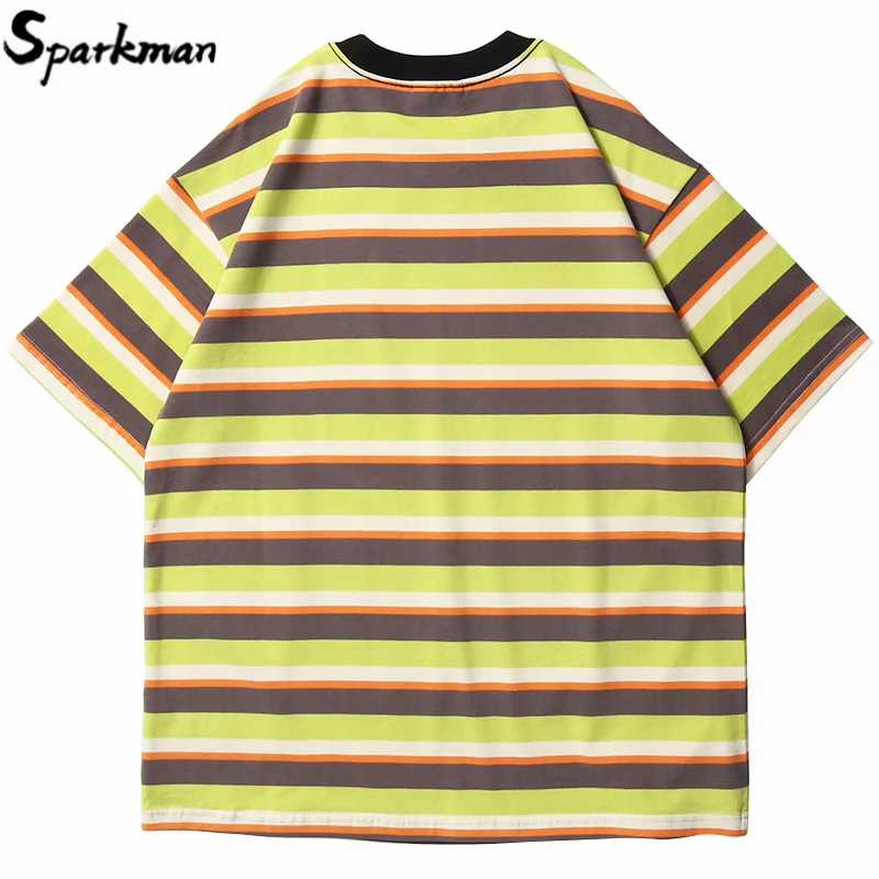 Hip Hop T Shirt Men 2020 Streetwear Harajuku Stripe Tshirt Short Sleeve Cotton HipHop T-Shirt Loose Fashion Tops Tees Green Blue | Мужская
