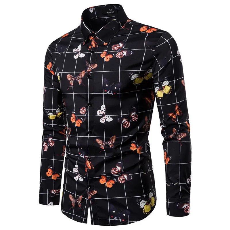 

Fashion Butterfly Print Shirt Men 2022 Spring Autumn New Long Sleeve Mens Dress Shirts Streetwear Casual Clothes Chemise Homme