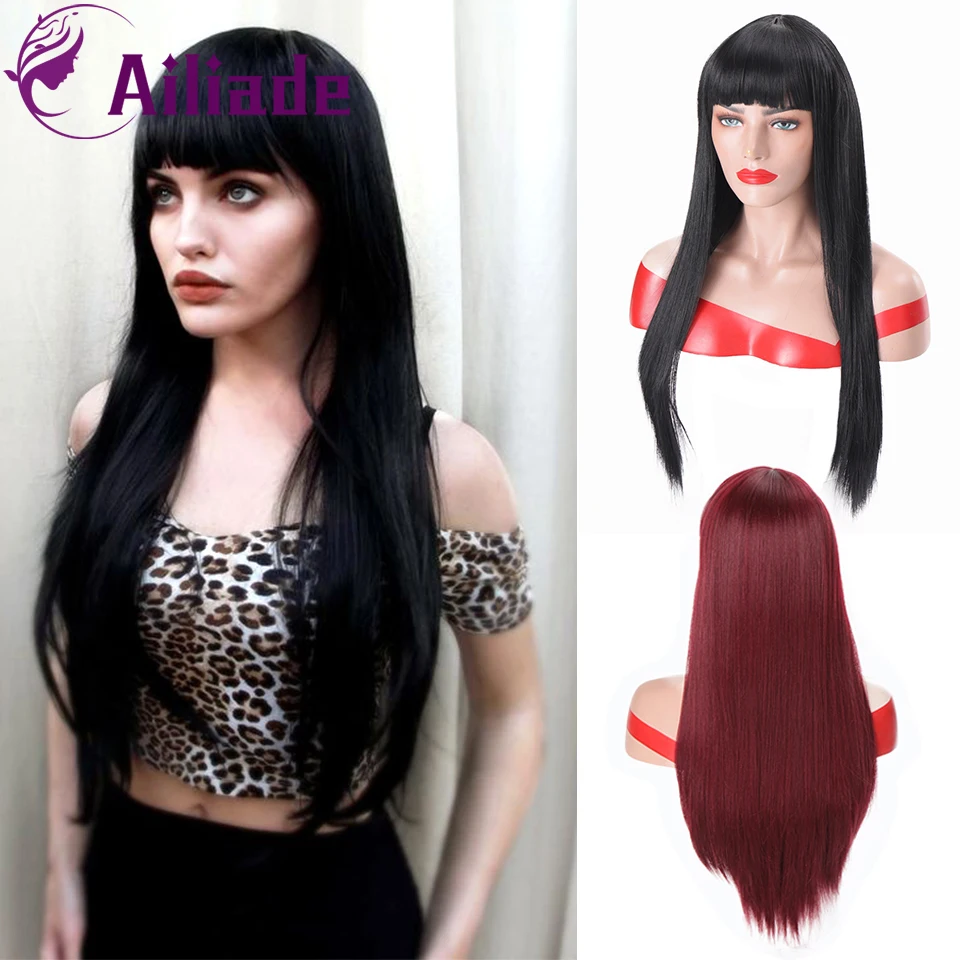 AILIADE длинный прямой парик с челкой черный синтетические волосы парики для женщин