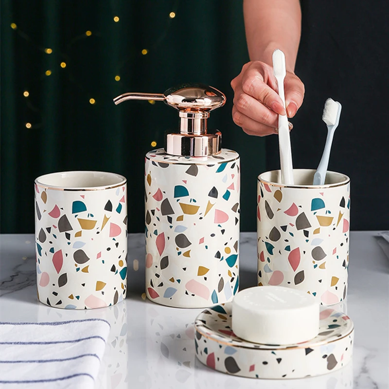 

4 Pieces Ceramic Bathroom Accesories Set Toothbrush Holder Hand Soap Dispener and Dish Toothpaste Storage Organizer Bath Tools