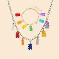 multicolor gummy bearr pendant necklace transparent resin bear bracelets for women cartoon animal metal chain hip hop jewelry