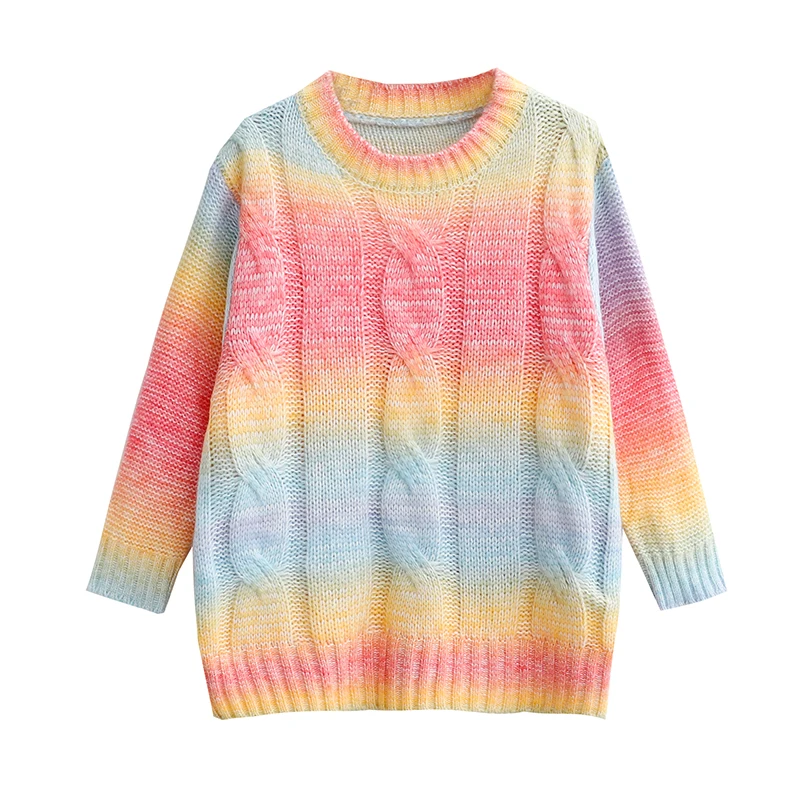 

New Collection Fall Winter Thick Rainbow Striped Japanese Fashion Sweater O-Neck Knitted Pullover Woman Sweaters