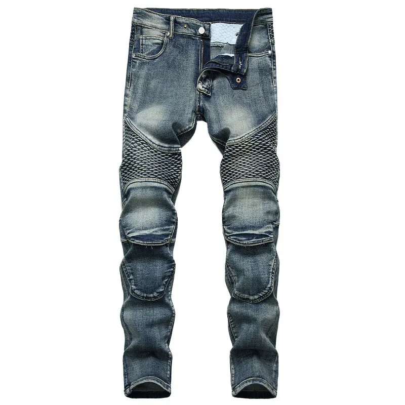 

MORUANCLE Mens Vintage Biker Jeans Pants Fashion Pleated Motorcycle Denim Trousers Retro Moto Jeans Plus Size 29-42