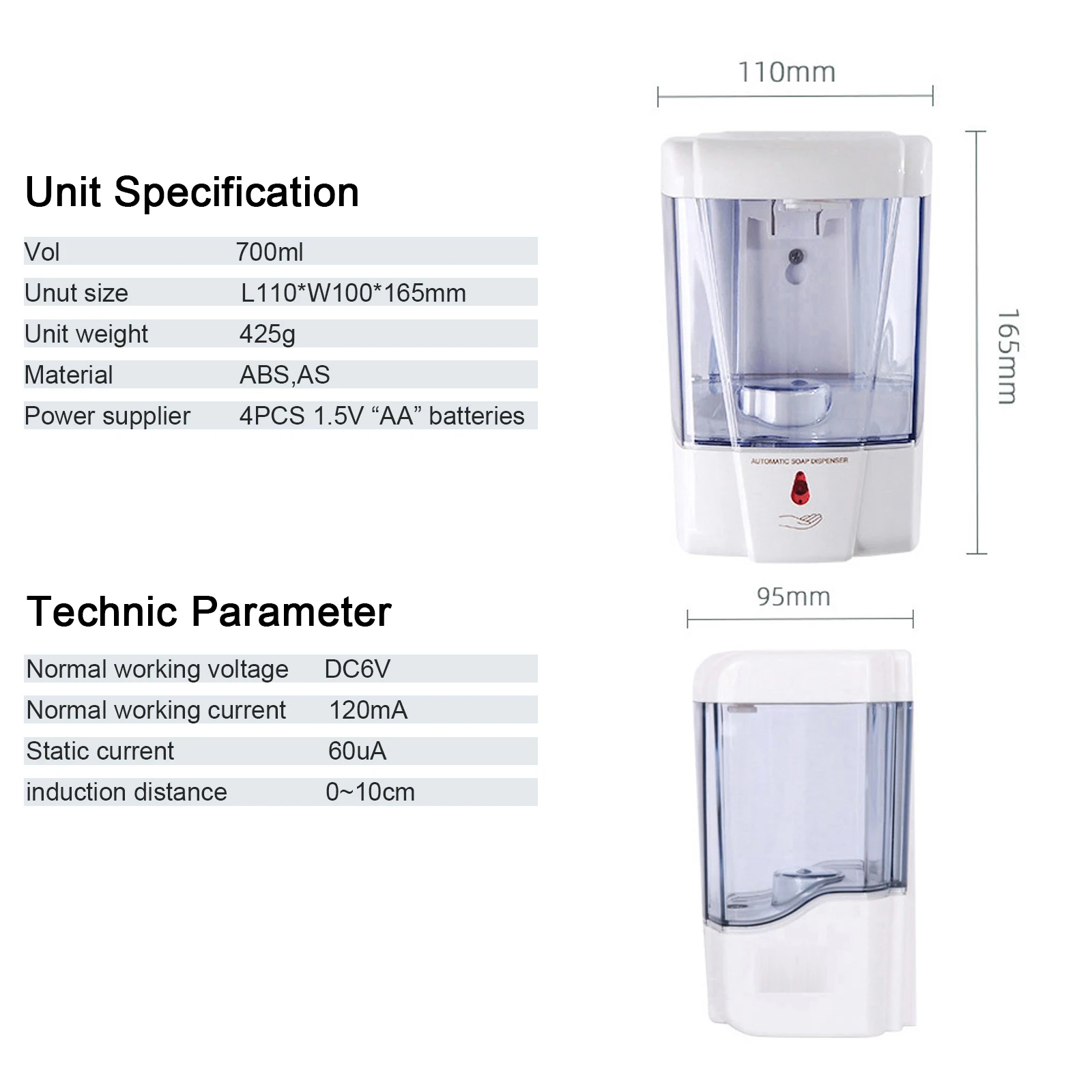 

700ml Soap Dispenser Wall Mounted Touchless Sensor Automatic Hand Washing Liquid Soap Dispenser Washer for Bathroom Kitchen