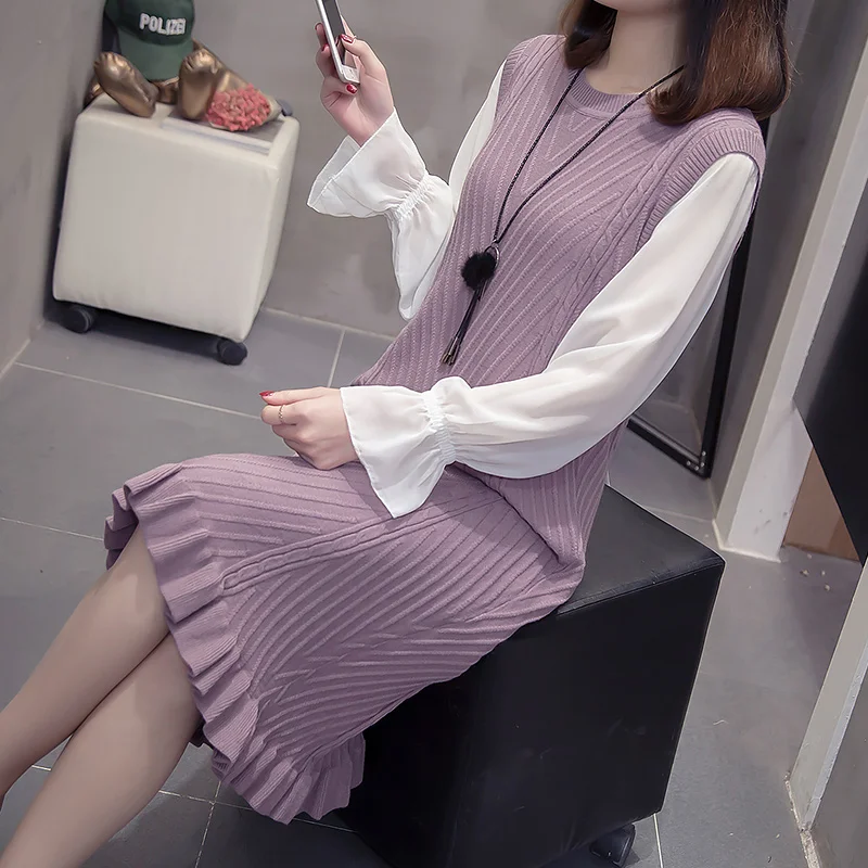 XL-4XL плюс размер женское трикотажное платье осень зима Модное шифоновое платье с длинным рукавом в стиле пэчворк с оборками дамские платья-свитера