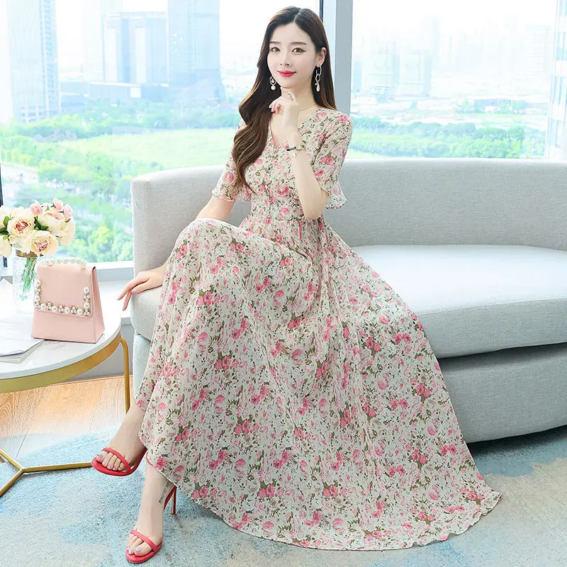 

2021 New Summer Women Dress Fashion Slim Chiffon Print Chiffon Dress Casual Half Sleeve V-Neck Elegant Office Lady Dresses