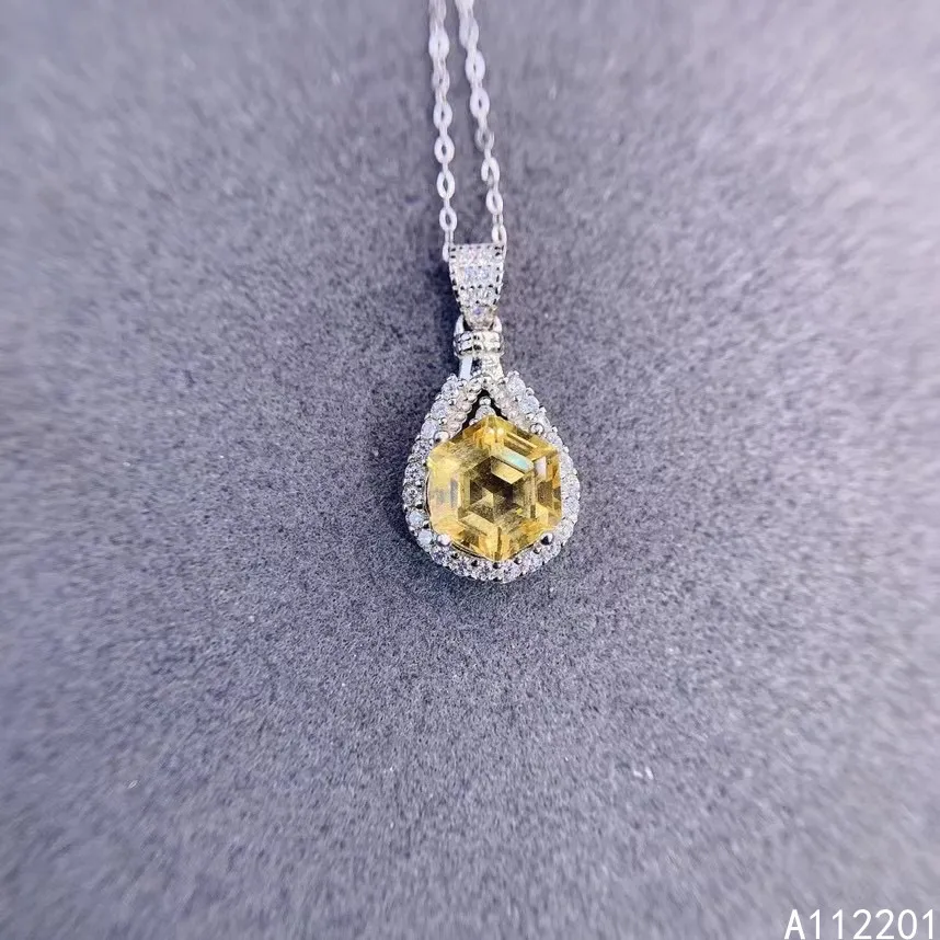

Fine Jewelry 925 Sterling Silver Inlay With Gemstone Women Classic Trendy Hexagon Citrine Pendant Necklace Chain Support Detecti