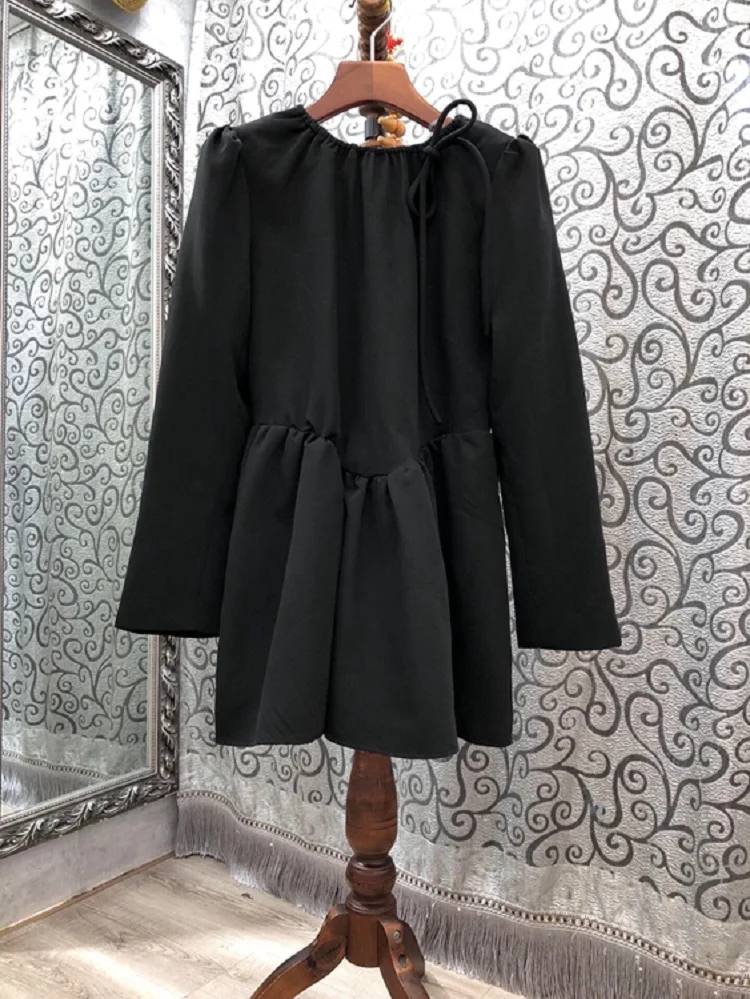 

Dress Sweet Cute 2021 Autumn Winter Fashion Grey Black Dress Women Drawstring Deco Long Sleeve Casual Cotton Dress Above Knee