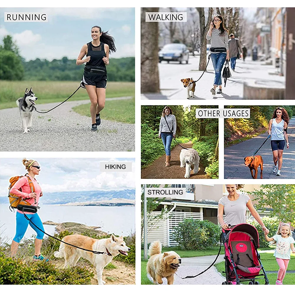 

45inch Detachable Adjustable Dog Running Leash with Waist Pocket Hands Free Leashes Reflective Bungee Elasticity For Dog Supplie