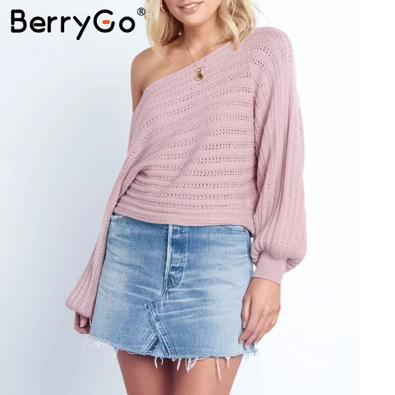BerryGo Sexy off shoulder women knitted sweater Lantern sleeve hollow out pullover sweaters Loose autumn winter white jumpers | Женская