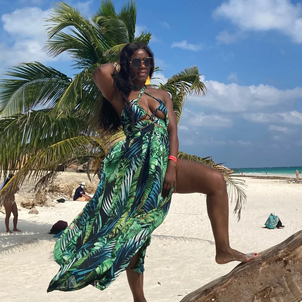 

Vintacy Sleeveless Green Long Dress Sexy Tropical Beach Maxi Dresses Boho Casual Lace Up Hollow out Split Vestidos New Fashion